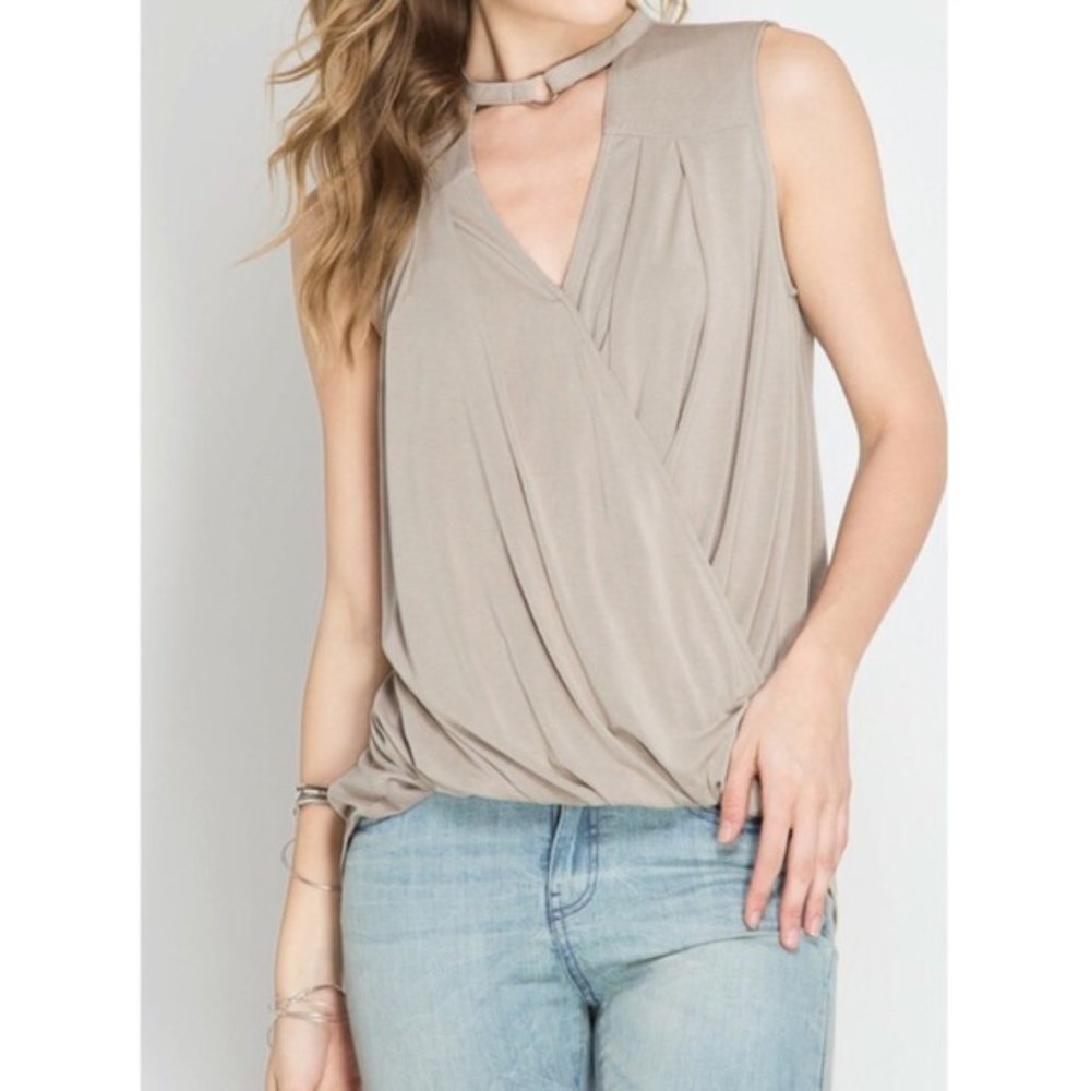 Hi-Lo Sleeveless Surplice Top With Neck O-Ring